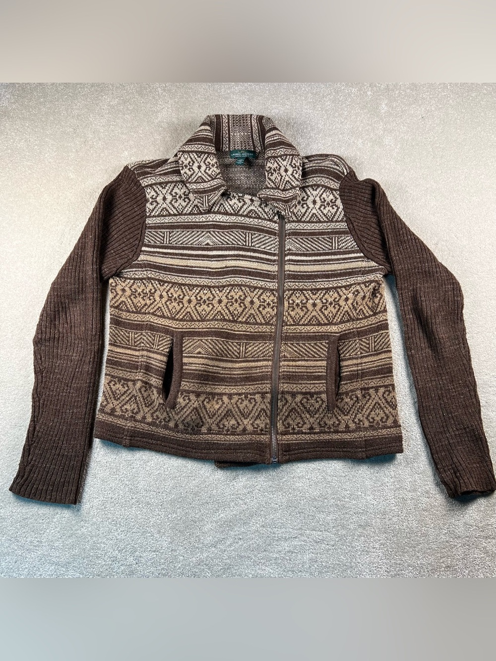 Lauren Ralph Lauren Sweater Zip Up Brown Tan Ribbed Sleeves Patterned Women's Lg
